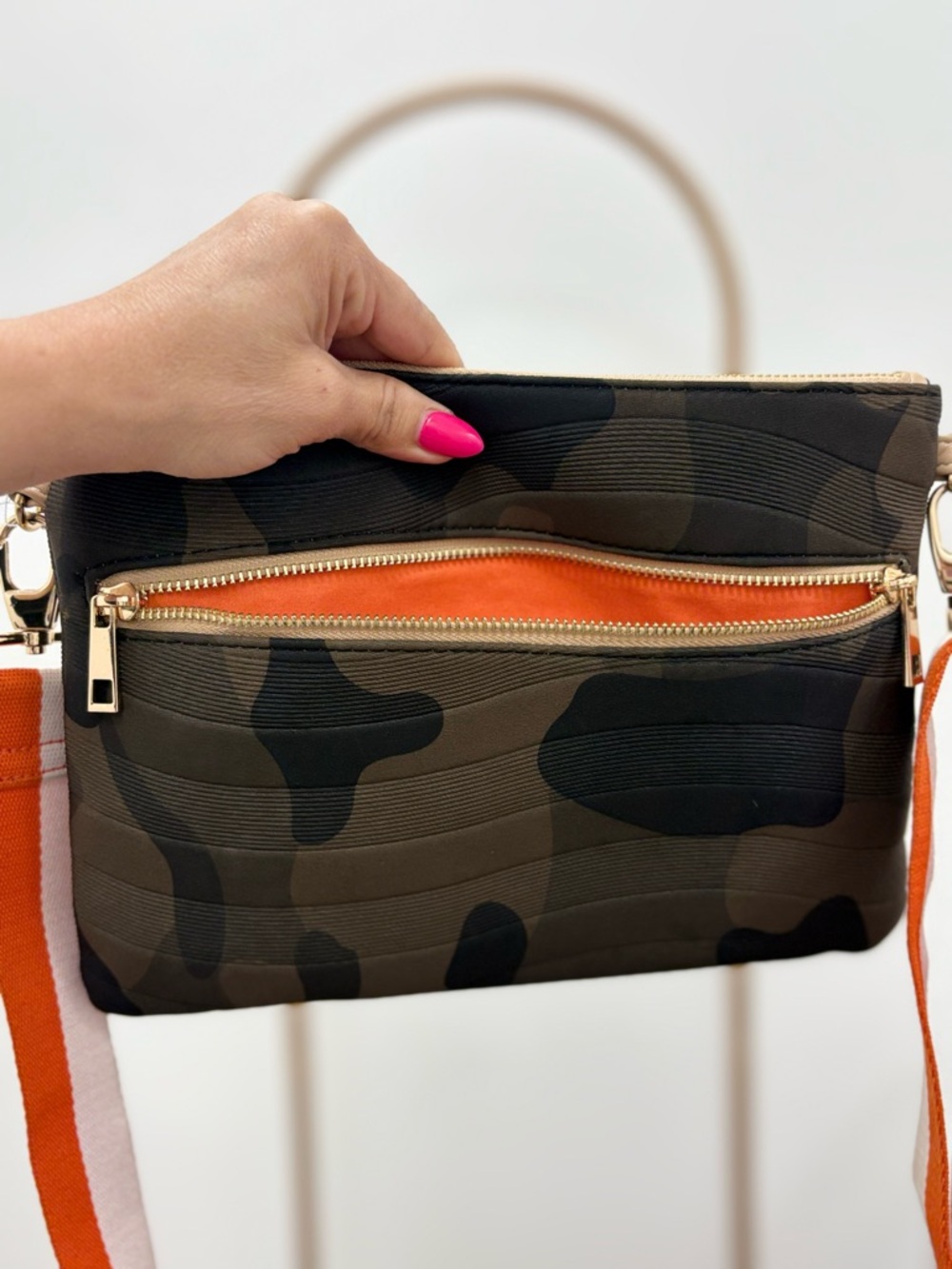 Sandra Roberts Squared  Camouflage Crossbody Bag with Orange-Trim Strap